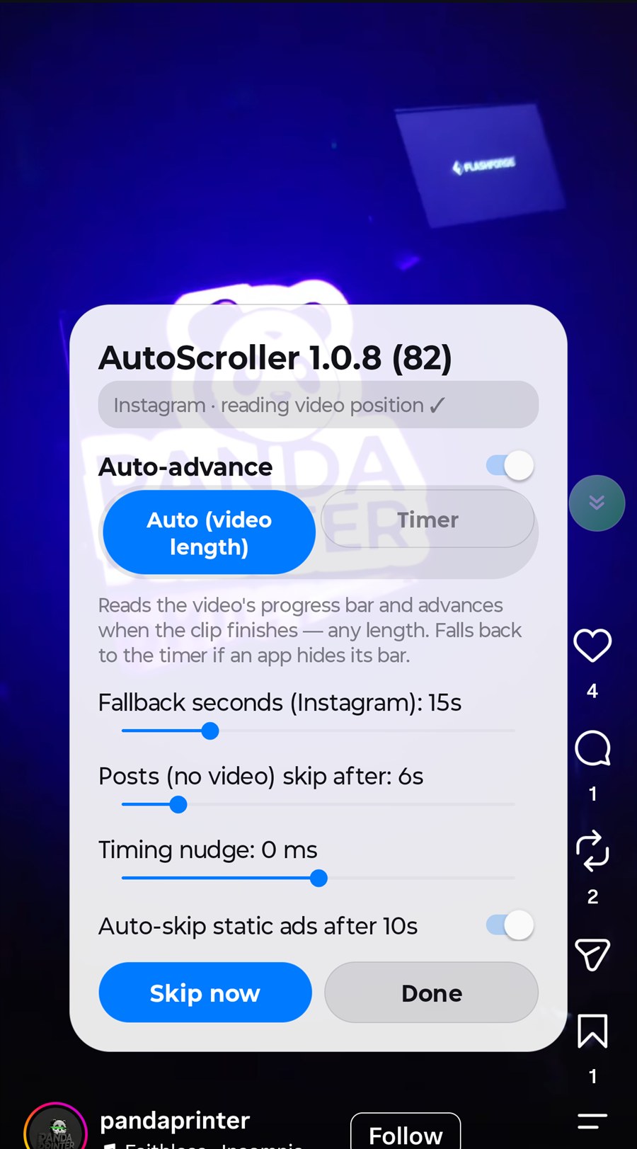 AutoScroller 1.0.8 controls open over an active Instagram Reel on a Motorola Android phone