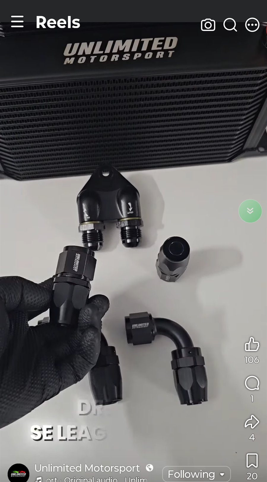 Green AutoScroller bubble active on Facebook Reels over motorsport hardware content