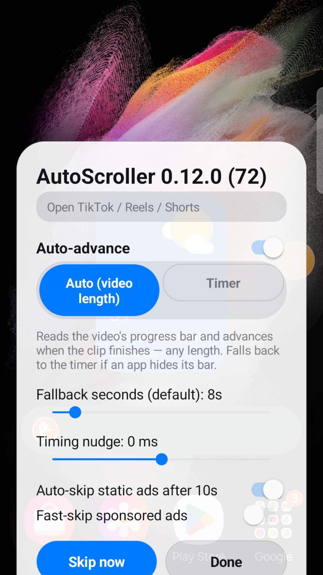 AutoScroller active on TikTok with a magnified floating-control detail