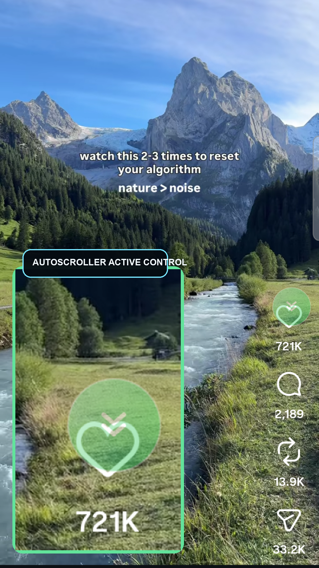 AutoScroller active on Instagram Reels with a magnified floating-control detail