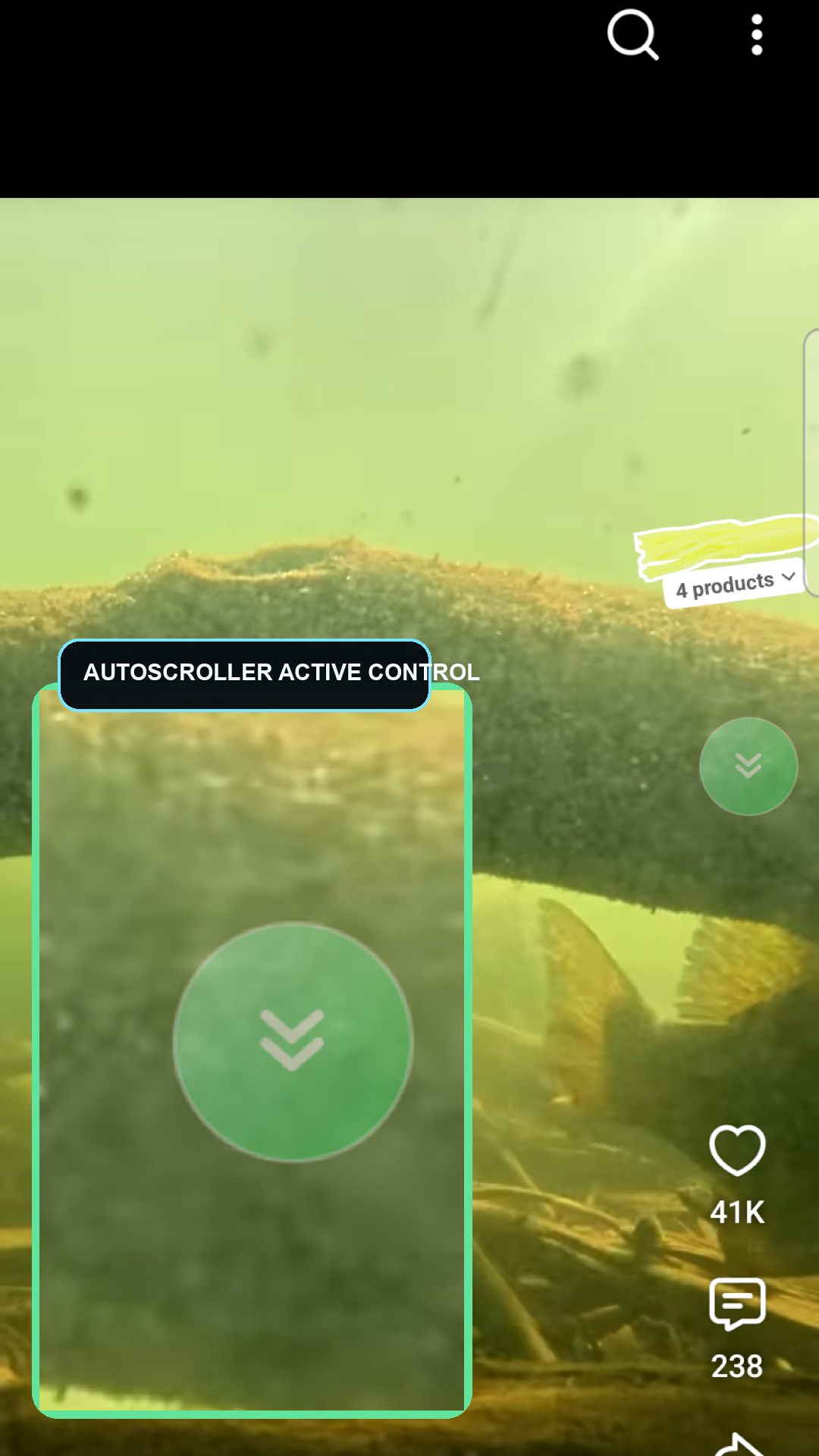 AutoScroller active on YouTube Shorts with a magnified floating-control detail